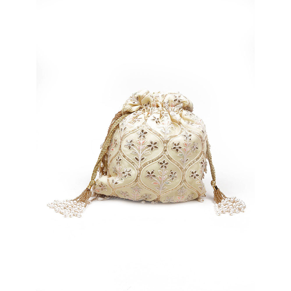 Odette Pearls Embellished Yellow Potli Bag