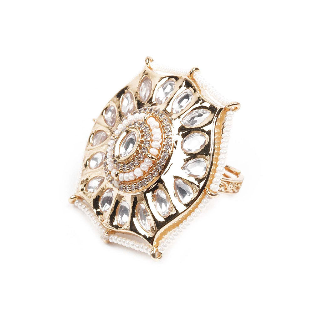 Odette White Gold Pearl and Kundan Ring