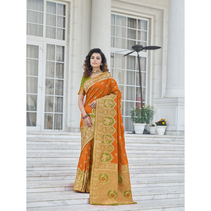 Odette Gorgeous Woven Orange Banarasi Silk Saree with Unstitched Blouse