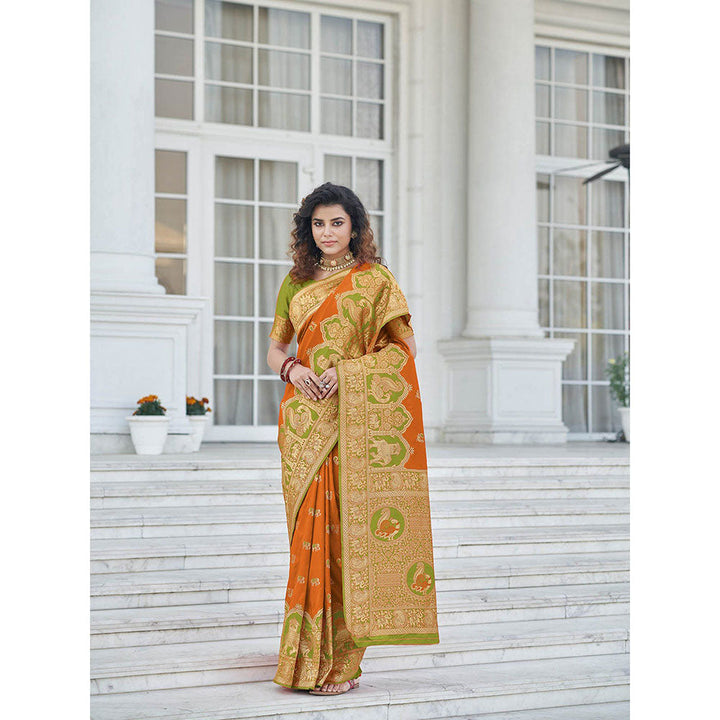 Odette Gorgeous Woven Orange Banarasi Silk Saree with Unstitched Blouse