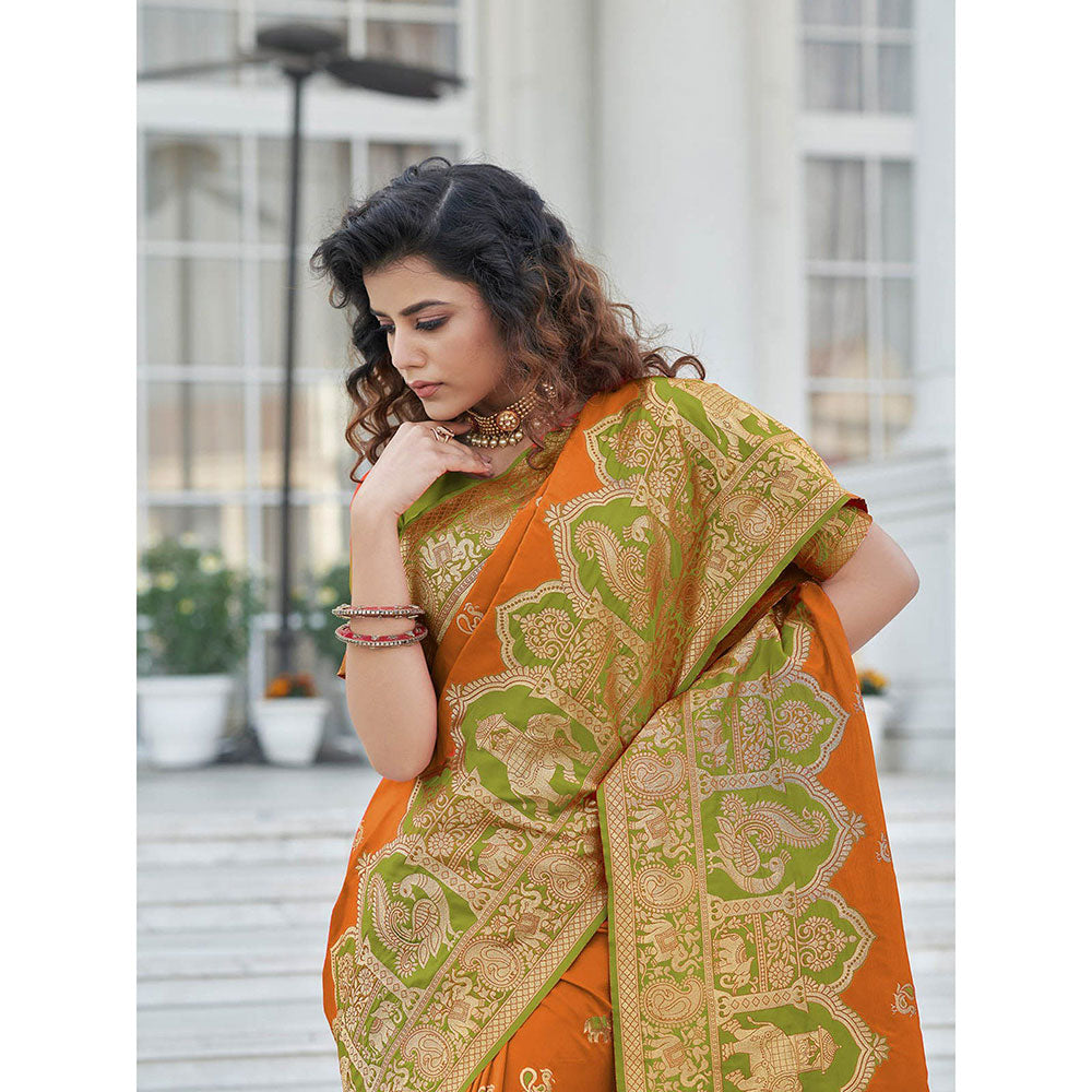 Odette Gorgeous Woven Orange Banarasi Silk Saree with Unstitched Blouse