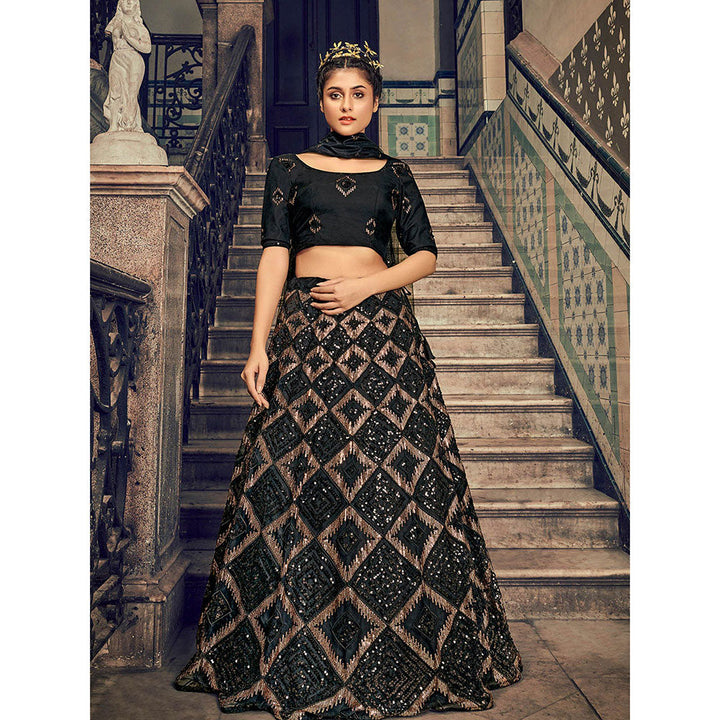 Odette Impressive Black Net Sequins Semi Stitched Lehenga With Unstitched Blouse (Set of 3)