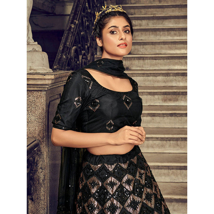 Odette Impressive Black Net Sequins Semi Stitched Lehenga With Unstitched Blouse (Set of 3)