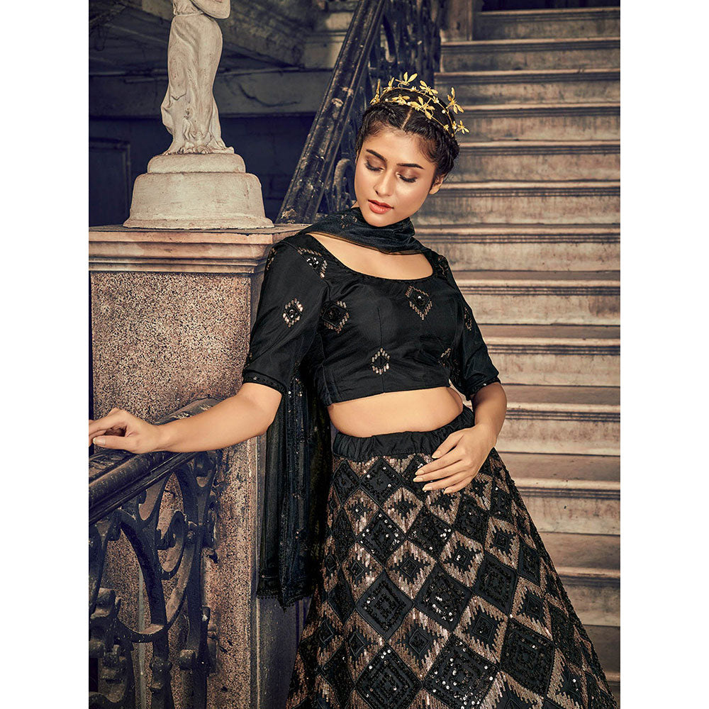 Odette Impressive Black Net Sequins Semi Stitched Lehenga With Unstitched Blouse (Set of 3)