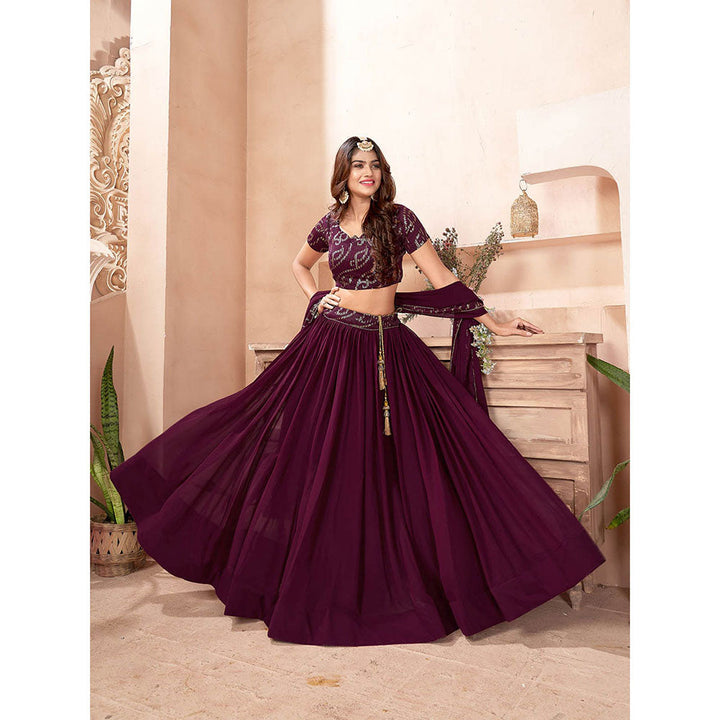 Odette Purple Faux Georgette Semi Stitched Lehenga With Unstitched Blouse (Set of 3)