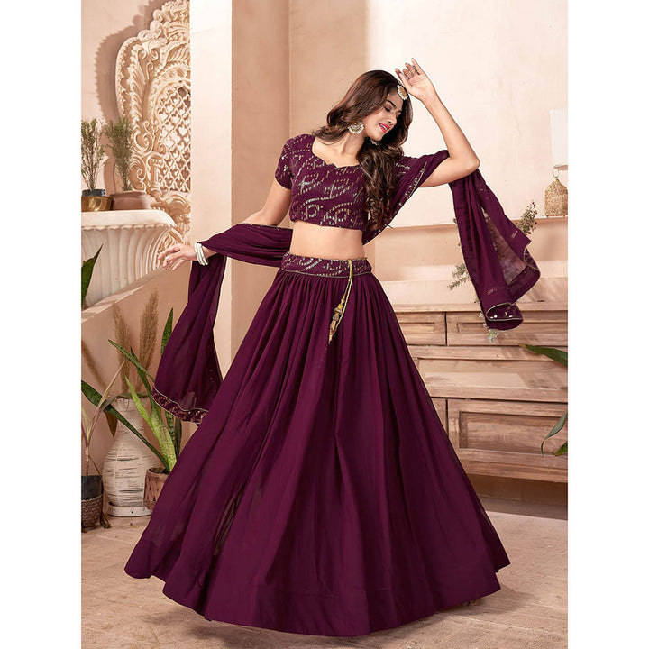 Odette Purple Faux Georgette Semi Stitched Lehenga With Unstitched Blouse (Set of 3)