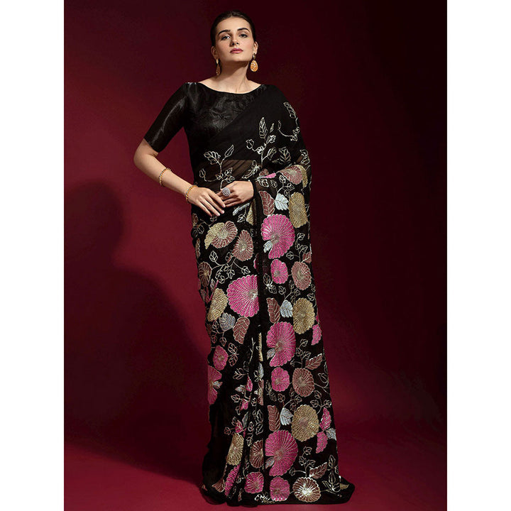 Odette Black Embroidered Banglori Silk Saree with Unstitched Blouse