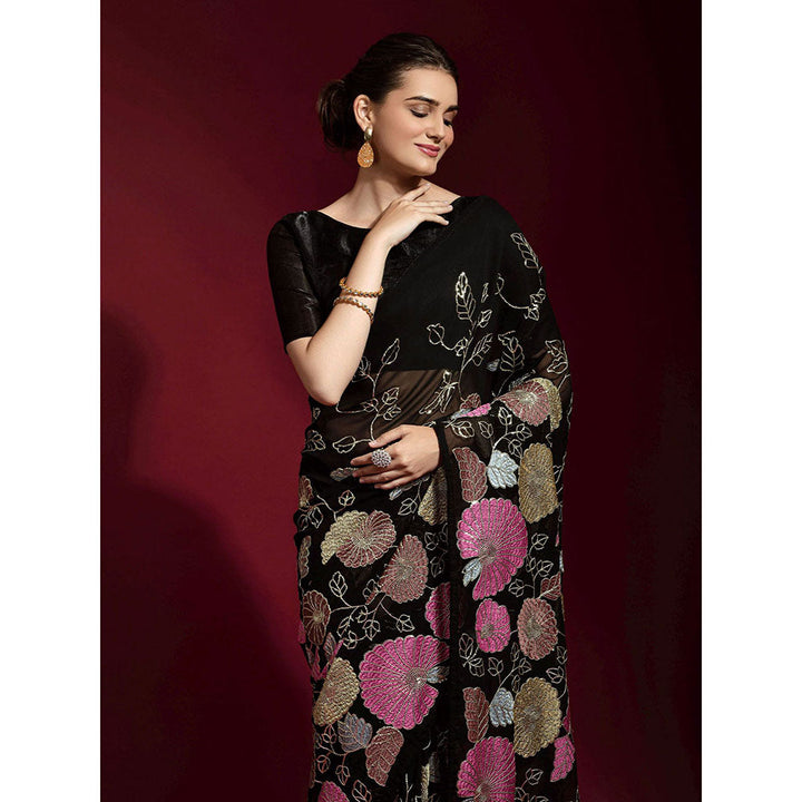 Odette Black Embroidered Banglori Silk Saree with Unstitched Blouse