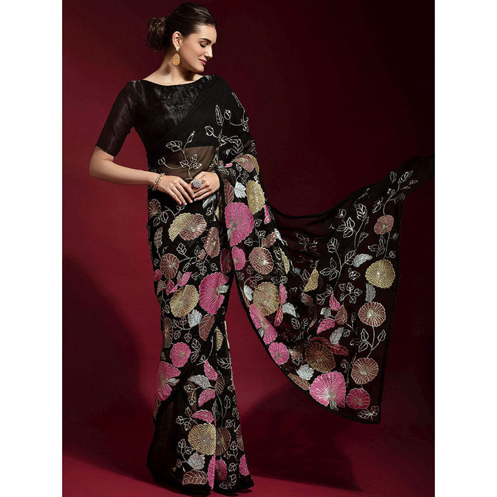 Odette Black Embroidered Banglori Silk Saree with Unstitched Blouse