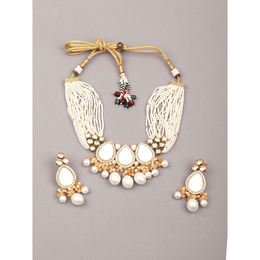 Odette Gorgues White Beaded Statement Necklace Set For Women