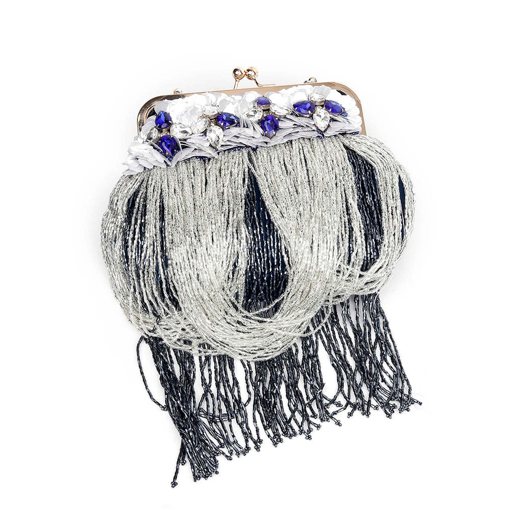 Odette Embellished Blue Clutch Bag With Tassels