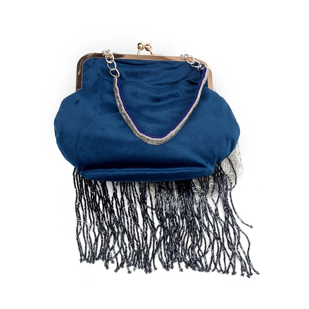 Odette Embellished Blue Clutch Bag With Tassels