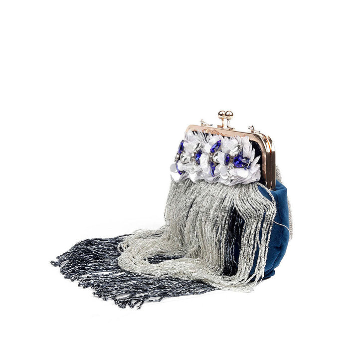 Odette Embellished Blue Clutch Bag With Tassels