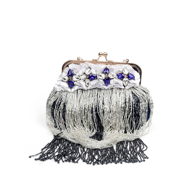 Odette Embellished Blue Clutch Bag With Tassels