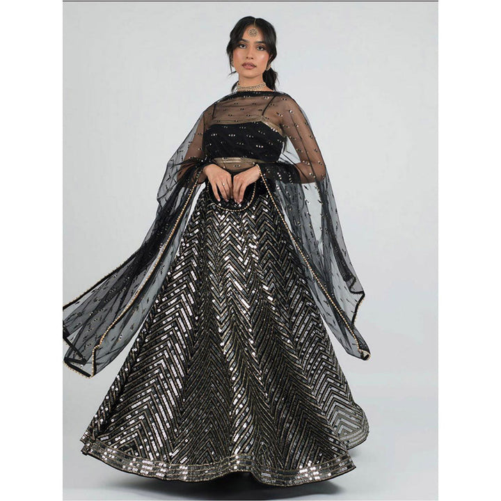 Odette Black Designer Sequence Semi Stitched Lehenga With Unstitched Blouse (Set of 3)