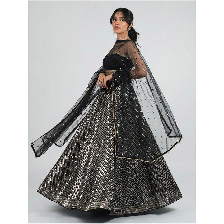 Odette Black Designer Sequence Semi Stitched Lehenga With Unstitched Blouse (Set of 3)