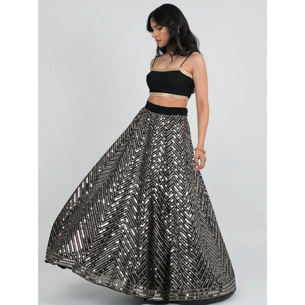 Odette Black Designer Sequence Semi Stitched Lehenga With Unstitched Blouse (Set of 3)