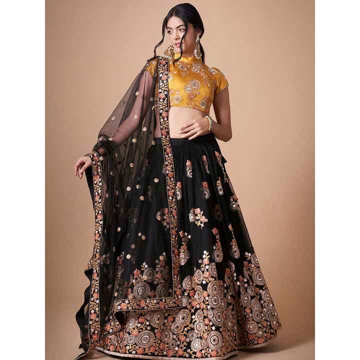 Odette Elegant Black Semi Stitched Lehenga With Unstitched Blouse (Set of 3)