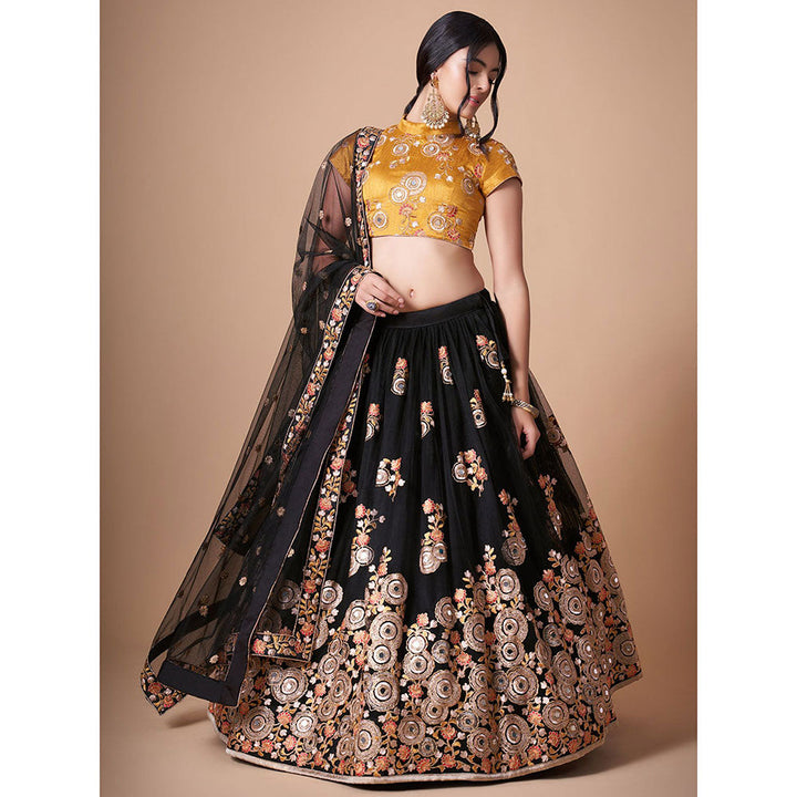 Odette Elegant Black Semi Stitched Lehenga With Unstitched Blouse (Set of 3)