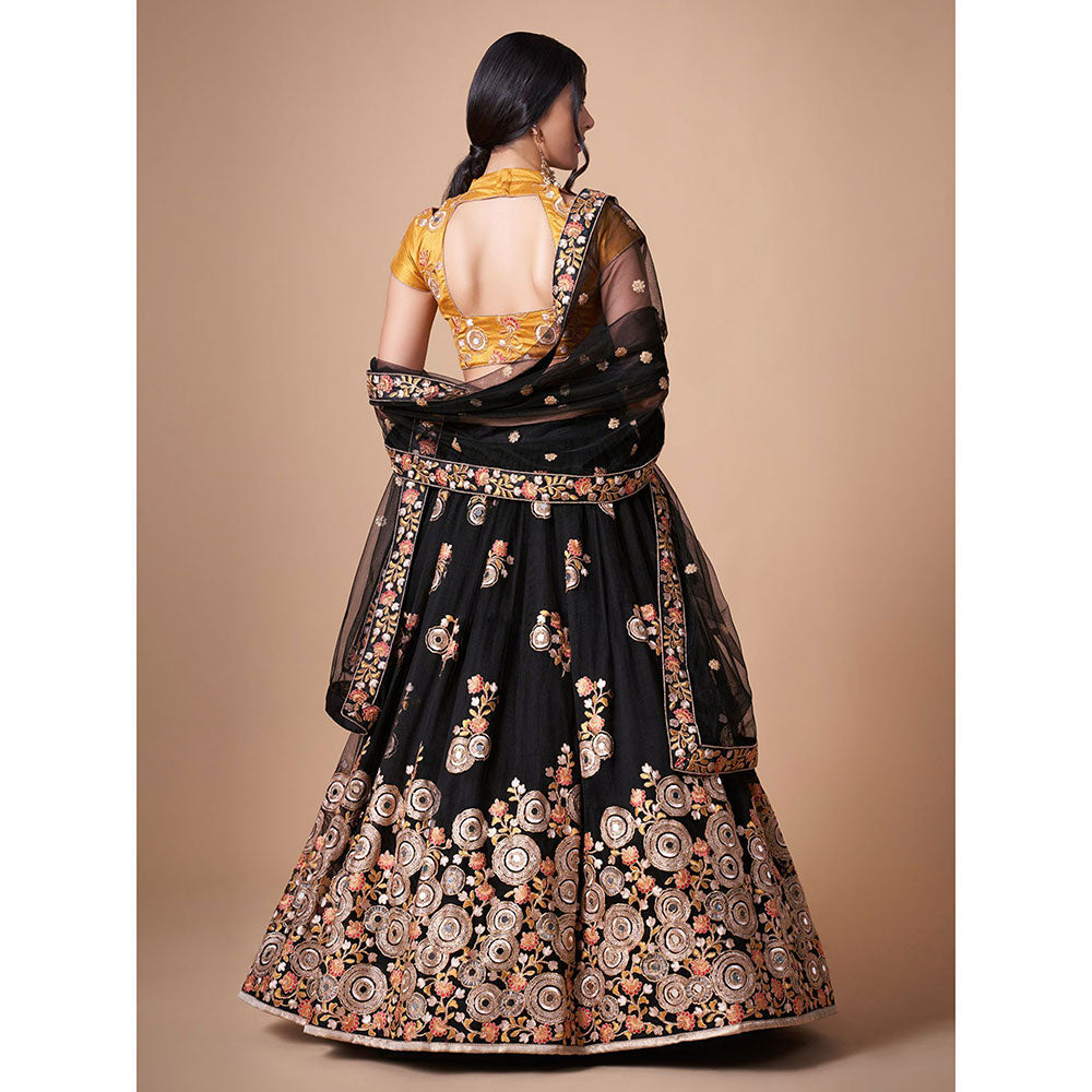 Odette Elegant Black Semi Stitched Lehenga With Unstitched Blouse (Set of 3)