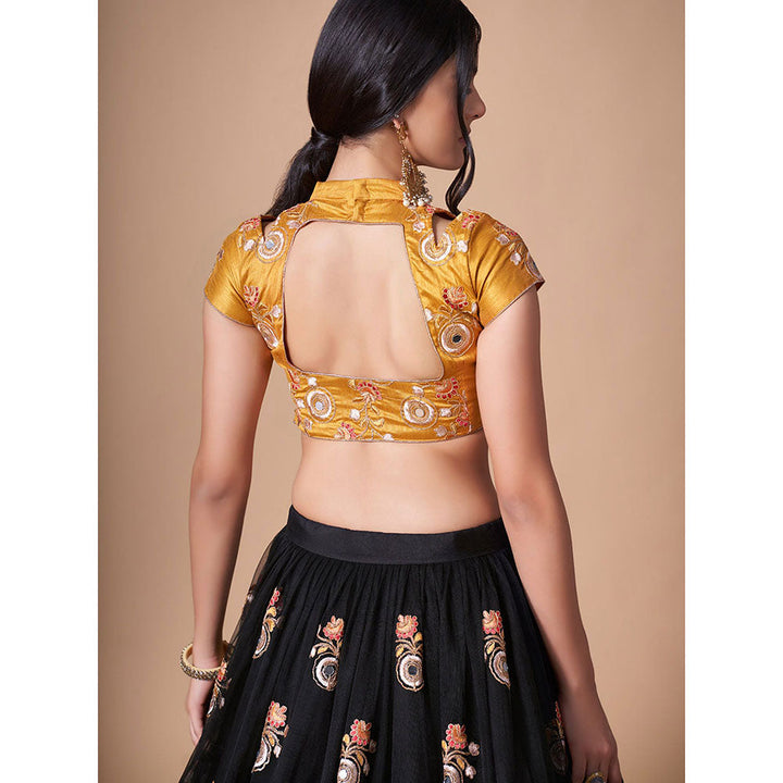 Odette Elegant Black Semi Stitched Lehenga With Unstitched Blouse (Set of 3)