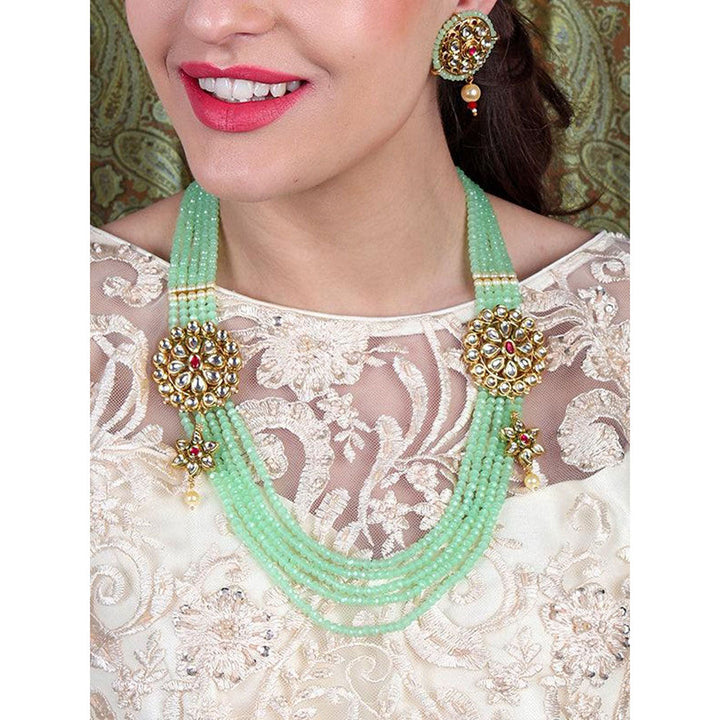 Odette Stylish Flower Designed Kundan Side Pendants with Green Onyx Beaded Necklace & Earrings Set