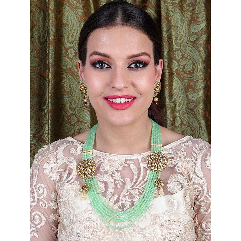 Odette Stylish Flower Designed Kundan Side Pendants with Green Onyx Beaded Necklace & Earrings Set