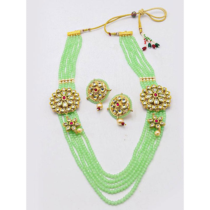 Odette Stylish Flower Designed Kundan Side Pendants with Green Onyx Beaded Necklace & Earrings Set