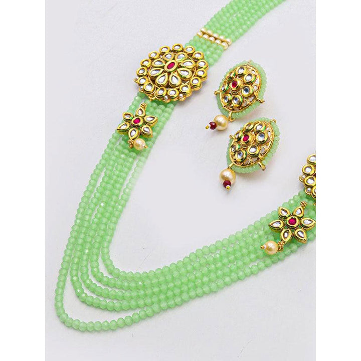 Odette Stylish Flower Designed Kundan Side Pendants with Green Onyx Beaded Necklace & Earrings Set