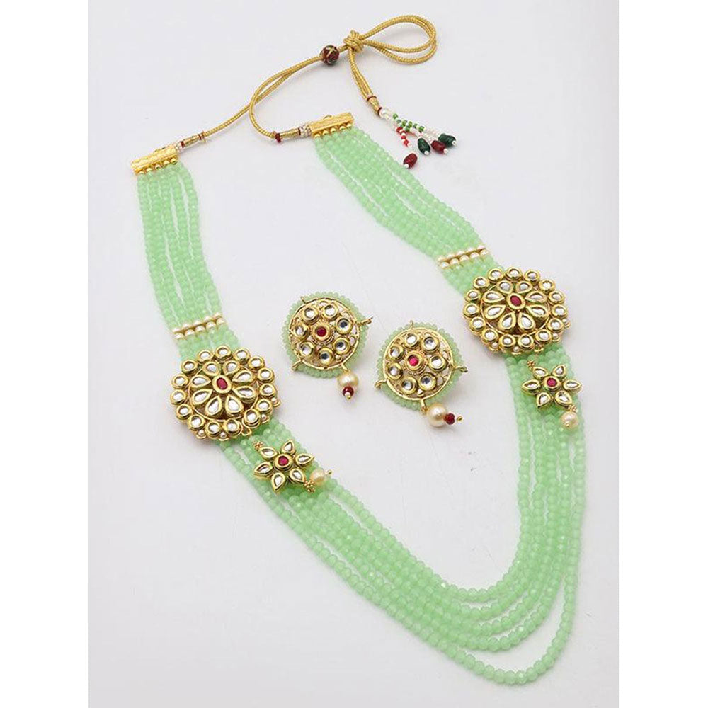 Odette Stylish Flower Designed Kundan Side Pendants with Green Onyx Beaded Necklace & Earrings Set