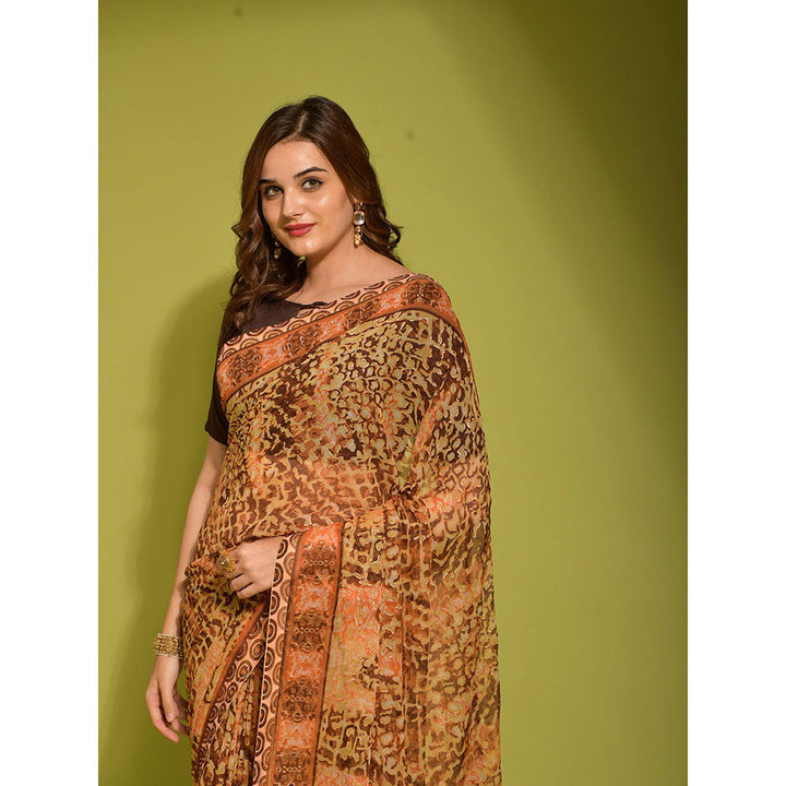 Odette Brown Georgette Designer Saree with Unstitched Blouse