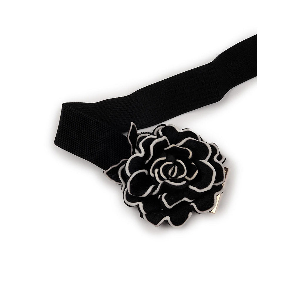 Odette Black Elastane Belt Embellished with Flower