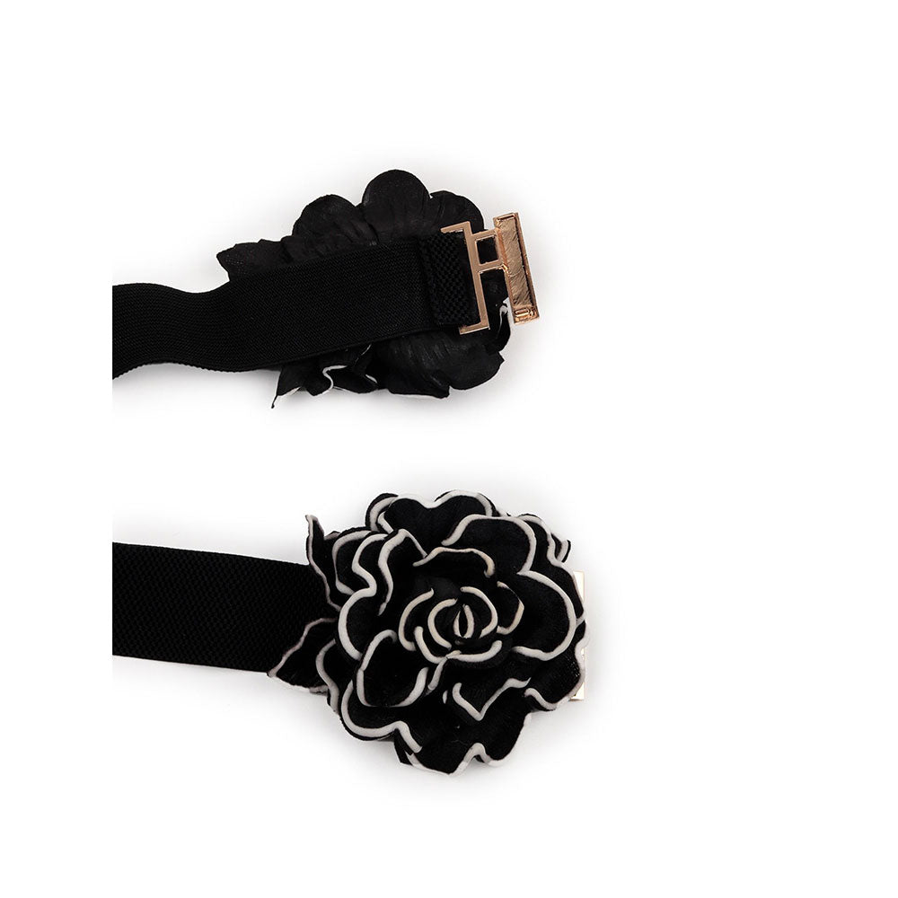 Odette Black Elastane Belt Embellished with Flower