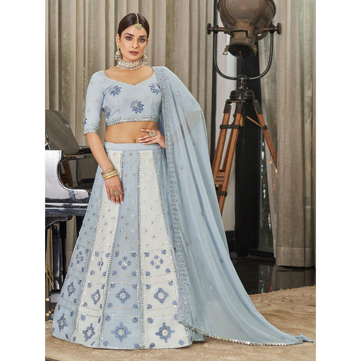 Odette Festive Designer Blue Semi Stitched Lehenga With Unstitched Blouse (Set of 3)