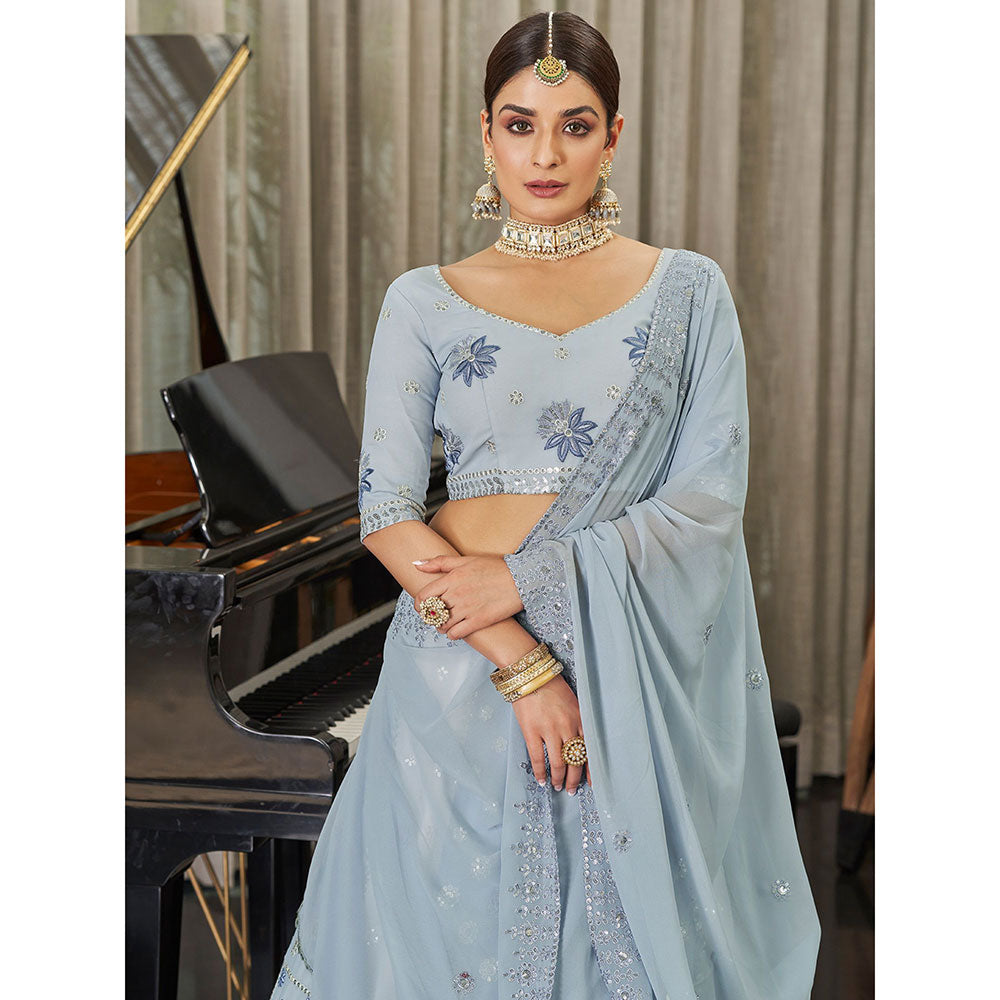 Odette Festive Designer Blue Semi Stitched Lehenga With Unstitched Blouse (Set of 3)