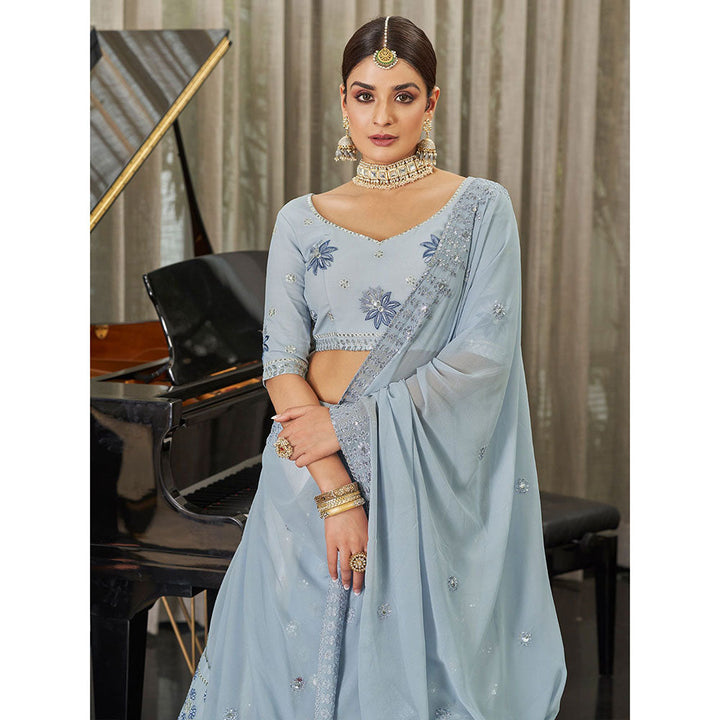 Odette Festive Designer Blue Semi Stitched Lehenga With Unstitched Blouse (Set of 3)