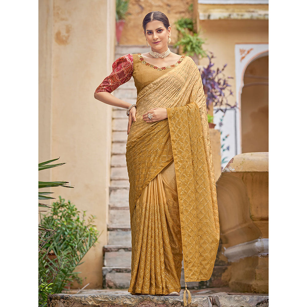 Odette Festive Designer Mustard Saree with Unstitched Blouse