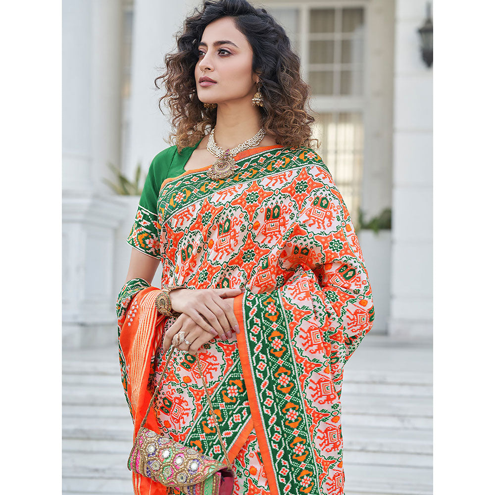 Odette Festive Designer Orange Saree with Unstitched Blouse