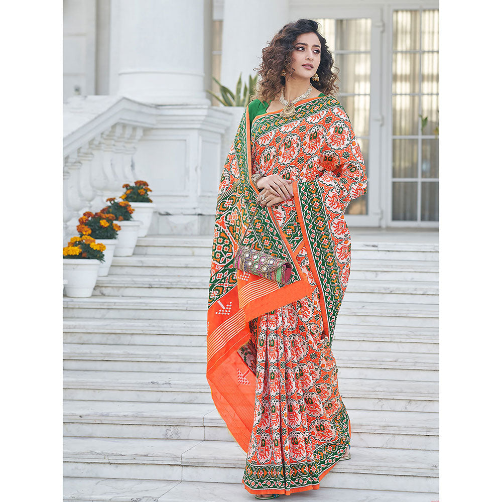 Odette Festive Designer Orange Saree with Unstitched Blouse