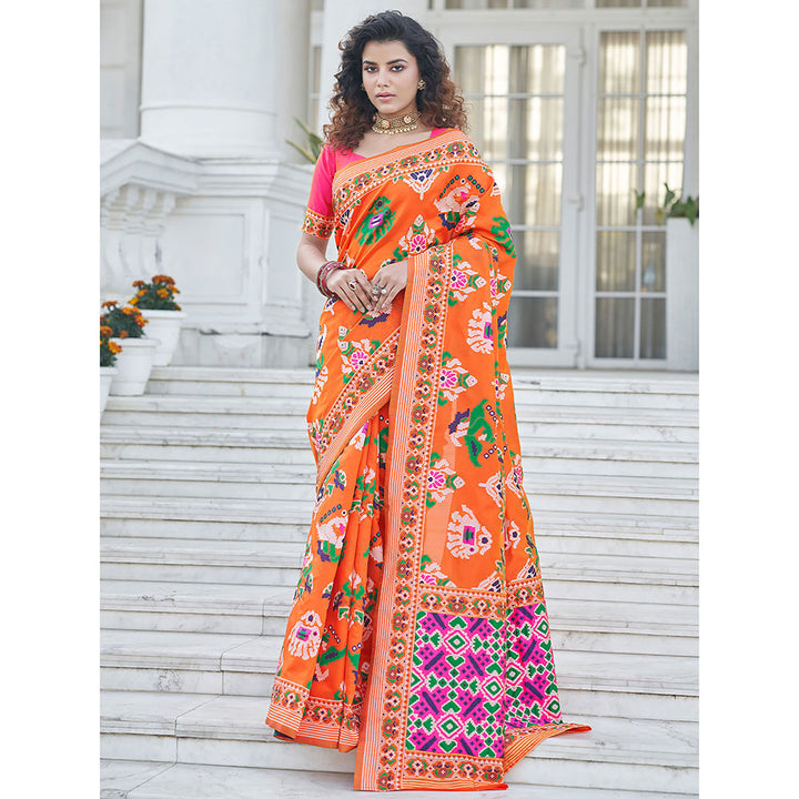 Odette Festive Designer Orange Saree with Unstitched Blouse