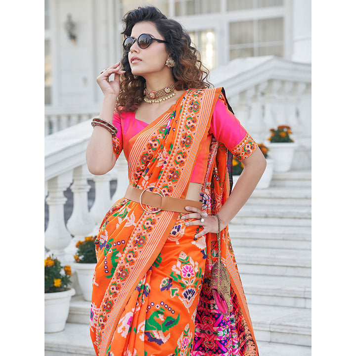 Odette Festive Designer Orange Saree with Unstitched Blouse