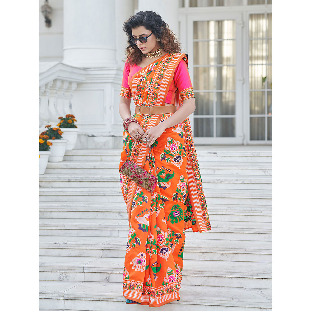 Odette Festive Designer Orange Saree with Unstitched Blouse