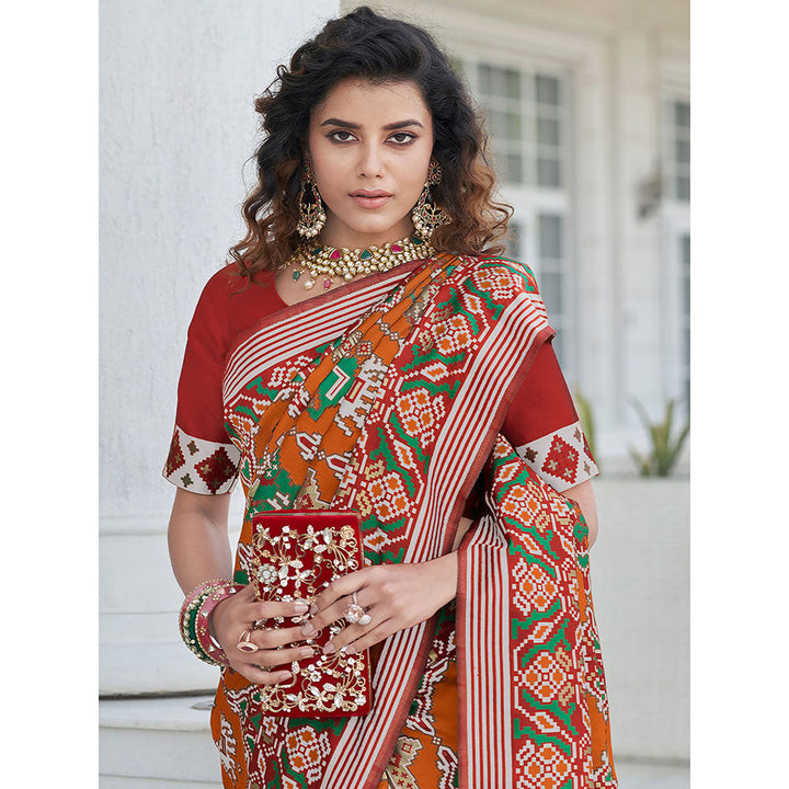 Odette Festive Designer Orange Saree with Unstitched Blouse