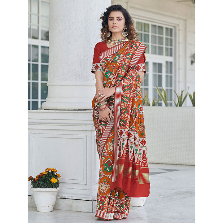 Odette Festive Designer Orange Saree with Unstitched Blouse