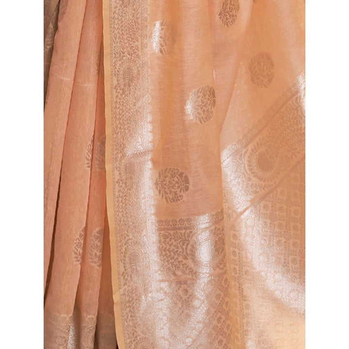 Odette Festive Peach Linen Blend Woven Saree with Unstitched Blouse