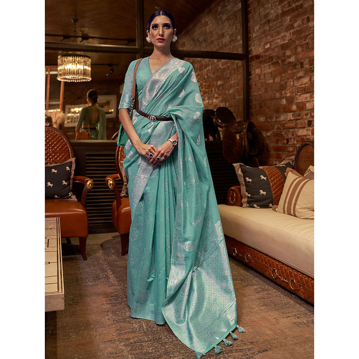 Odette Festive Turquoise Linen Blend Woven Saree with Unstitched Blouse