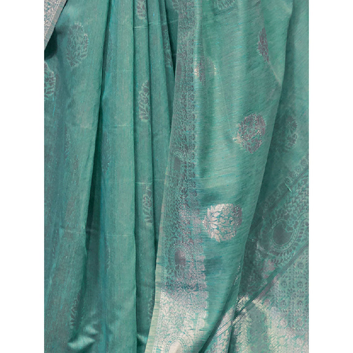 Odette Festive Turquoise Linen Blend Woven Saree with Unstitched Blouse