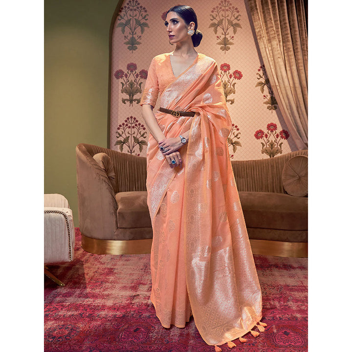 Odette Festive Peach Linen Blend Woven Saree with Unstitched Blouse