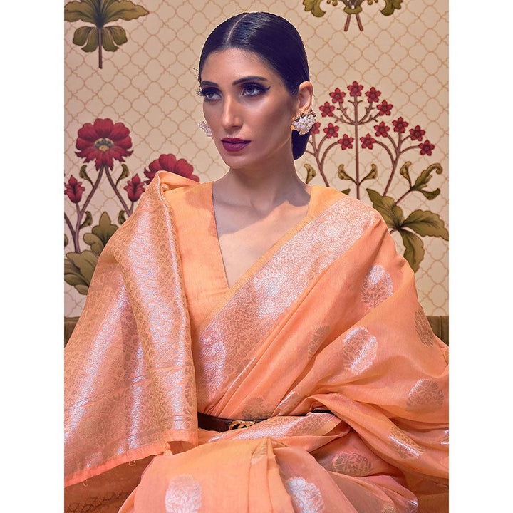 Odette Festive Peach Linen Blend Woven Saree with Unstitched Blouse