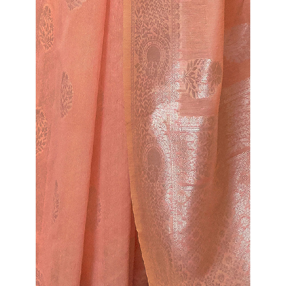 Odette Festive Peach Linen Blend Woven Saree with Unstitched Blouse